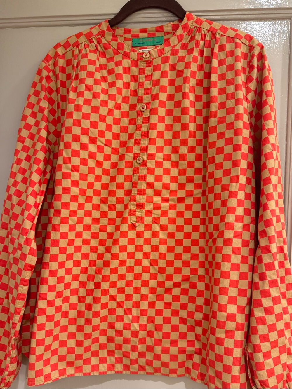 CLARE V Checkerboard Orange & Tan Button-Up Shirt Size Medium EUC